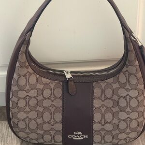 Coach Brown Signature Jacquard Shoulder Bag with Leather Trim